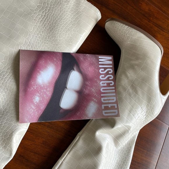 Cream Mock Croc Square Toe Heeled Over The Knee Boots - Picture 6 of 10